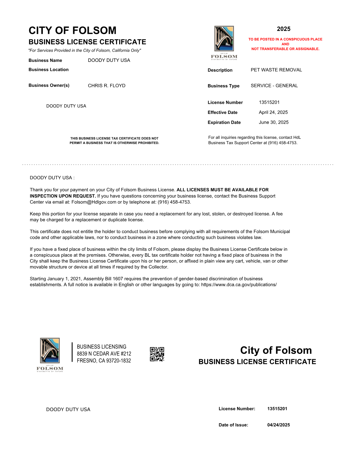 Doody Duty USA Business License — rendered page image of the uploaded PDF