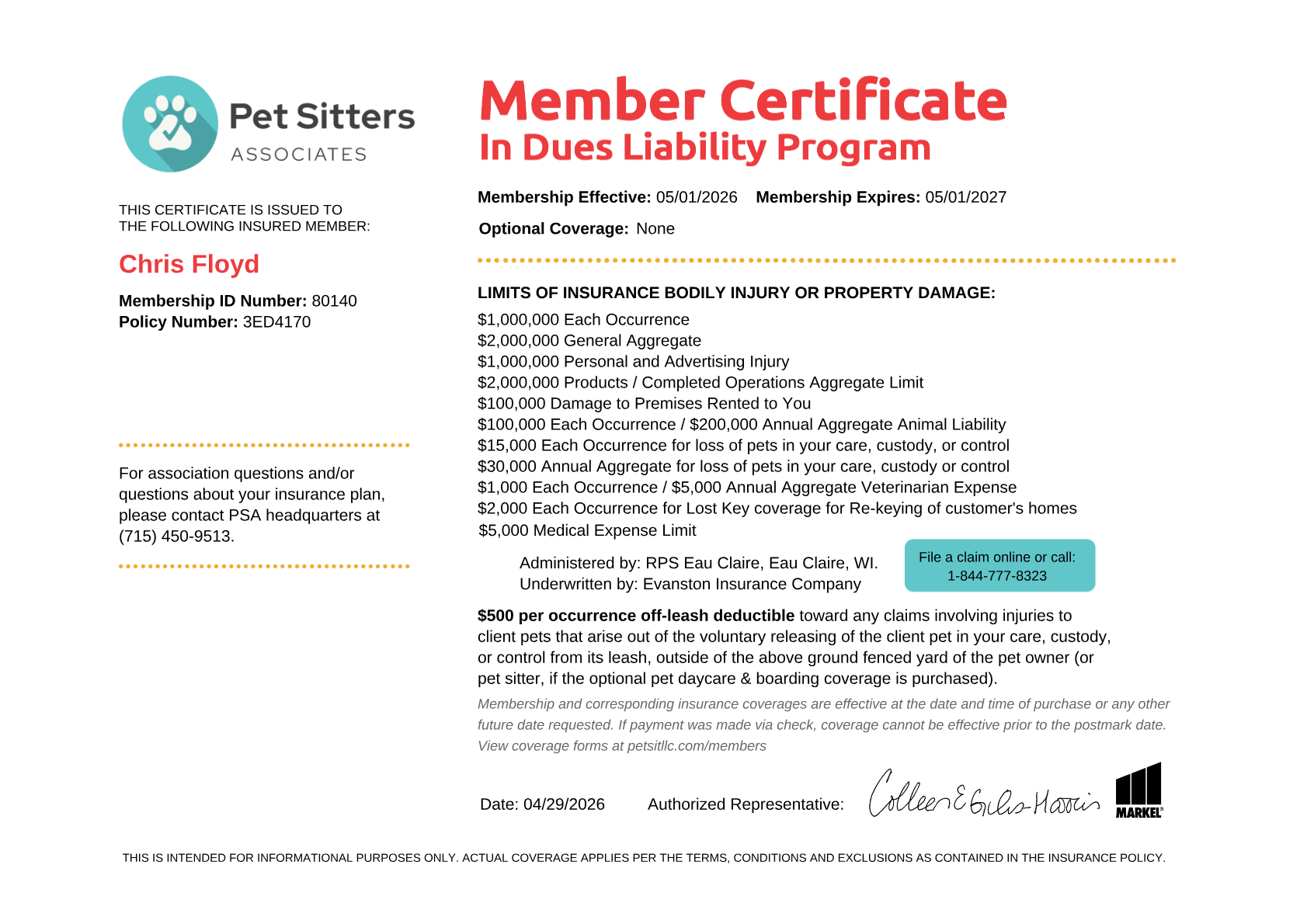 Doody Duty USA Certificate of Insurance — rendered page image of the uploaded PDF
